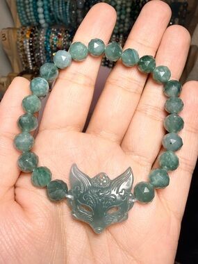 Guatemalan Jade Bracelet 8mm Faceted | Carved Fox Pendant | Stretch